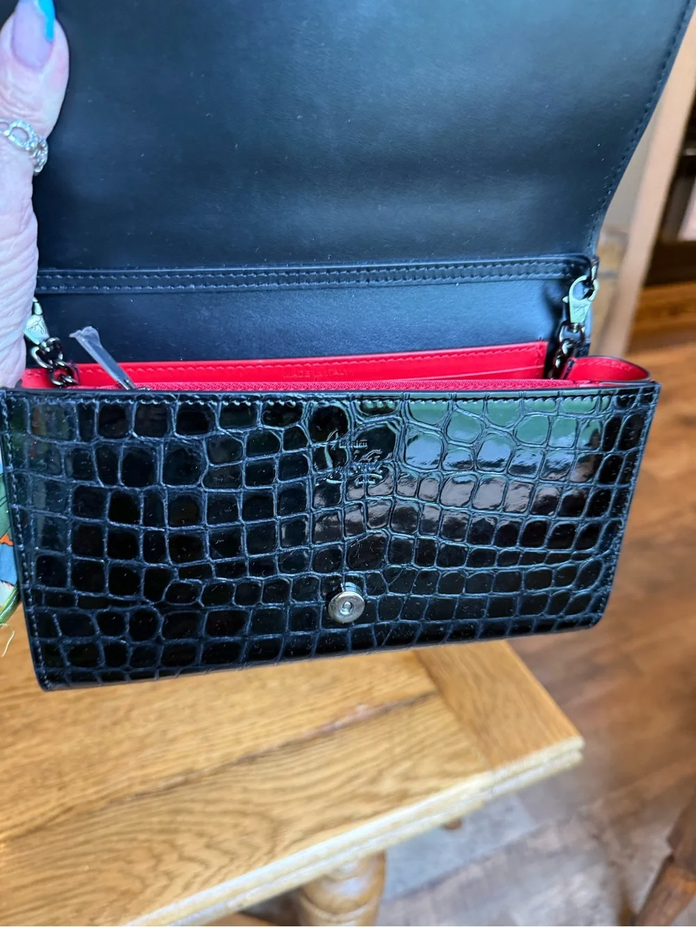 Christian Louboutin Black Patent Croc-Embossed Studded Wallet on chain 3 way bag
